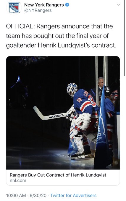 Rangers Buy Out Henrik Lundqvist's Contract