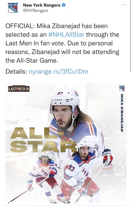 New York Rangers on X: OFFICIAL: Mika Zibanejad has been selected as an  #NHLAllStar through the Last Men In fan vote. Due to personal reasons,  Zibanejad will not be attending the All-Star